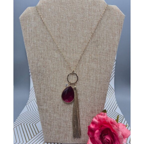 Veronese Signed Gold Tone Tassel Red Teardrop & Crystal Pendant Necklace 32" - Picture 5 of 11